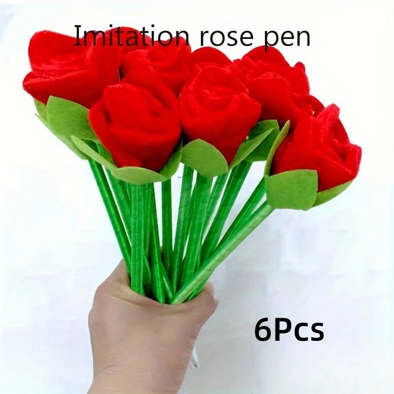 6-Pack Faux Rose Flower Pens, Plush Flower Ballpoint Pens, Suitable for Wedding Birthday Party Decorations, Valentine's Day Gift