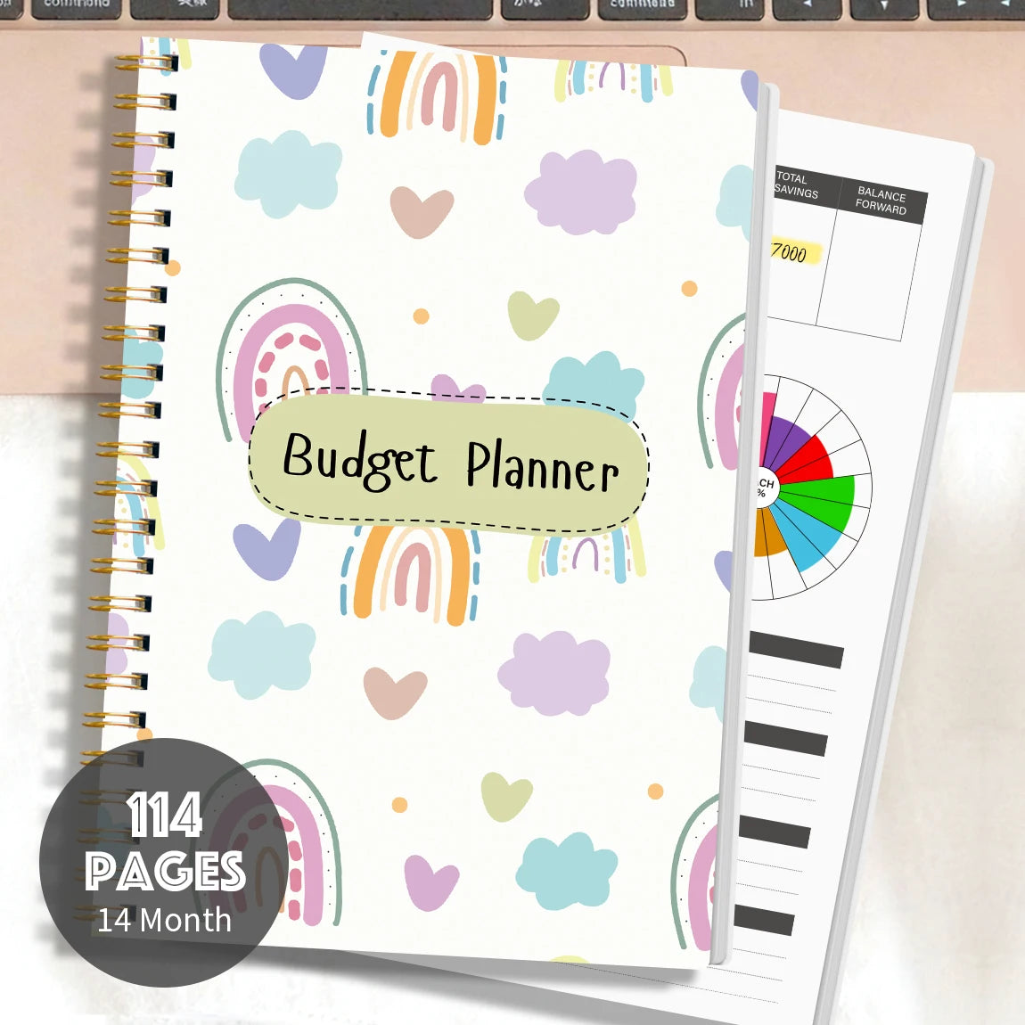 1PC A5 Budget Planner Book with Pastel Rainbow Design, Monthly Expense Tracker, Spiral Binding, Thick No-Bleed Pages