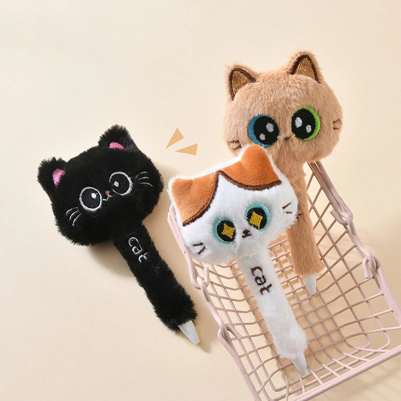 Creative Cute Cat Style Plush Gel Pens 0.5mm Black Quick-drying Click Pen For School Office Writing & Signature Stationery Gifts