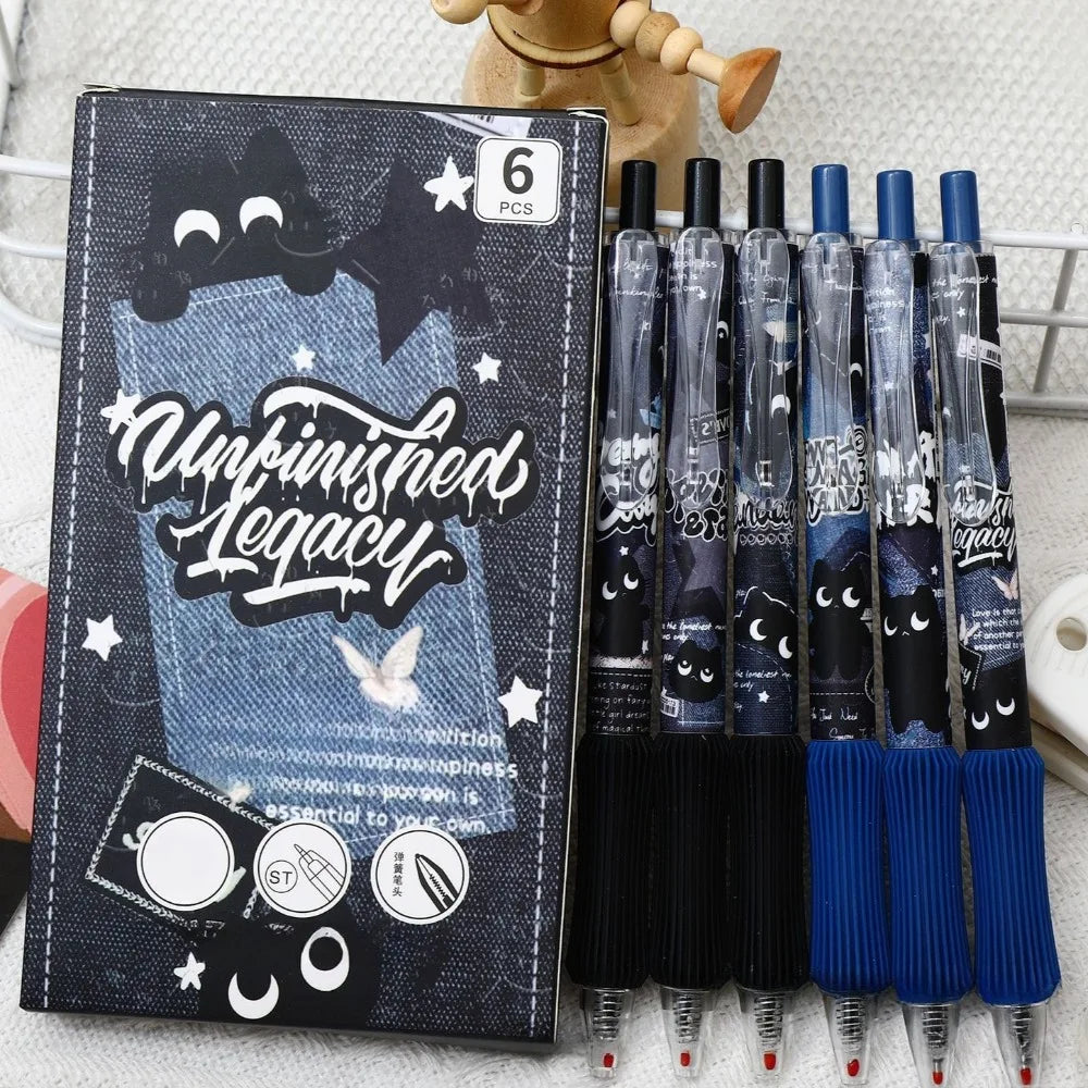 6pcs Black Cat Soft Grip Retractable Gel Pens, suitable for journaling, diary writing, marking, school supplies, and holiday par