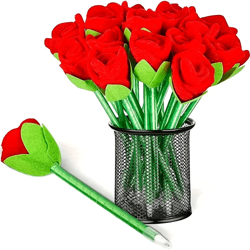 6-Pack Faux Rose Flower Pens, Plush Flower Ballpoint Pens, Suitable for Wedding Birthday Party Decorations, Valentine's Day Gift