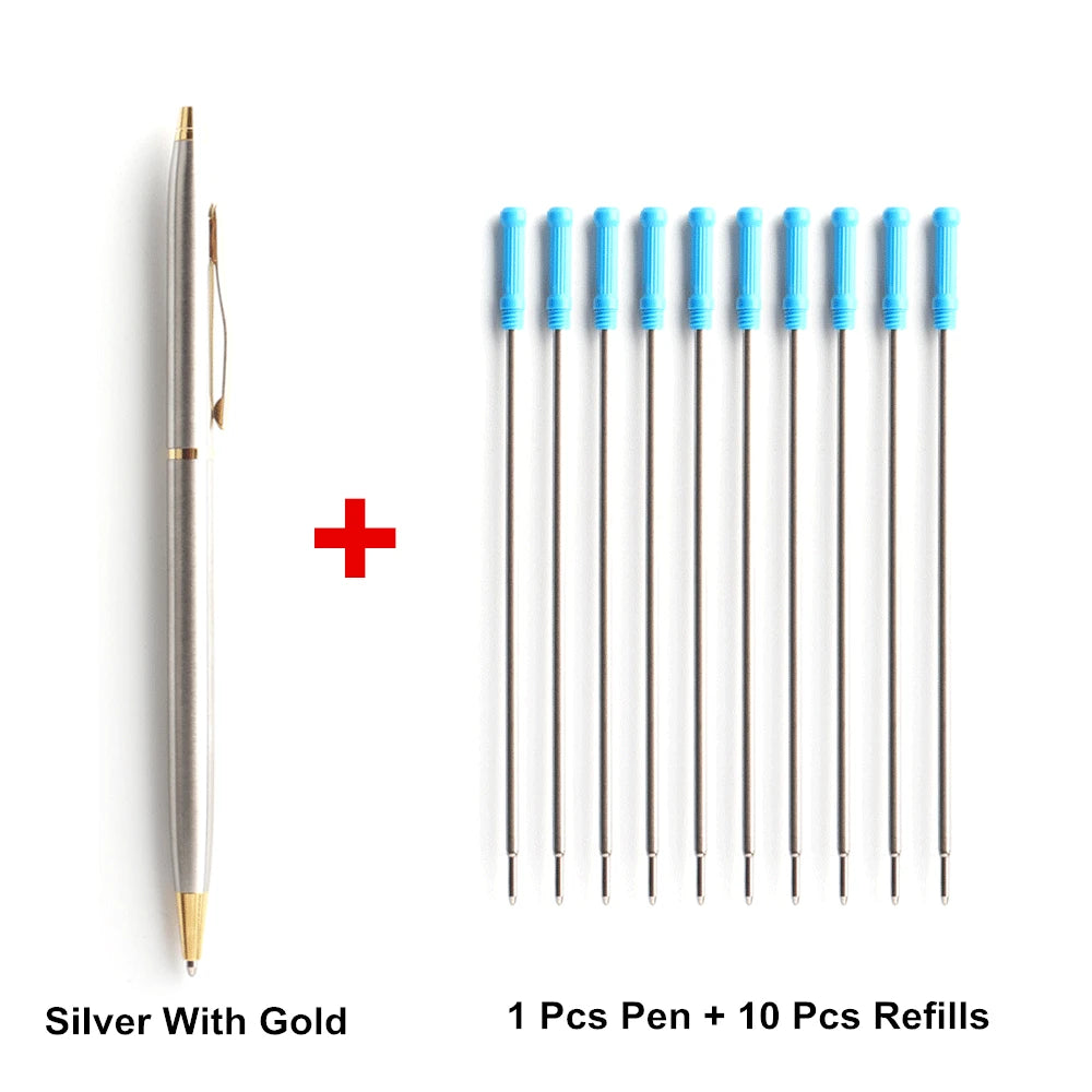 1+10 Pcs/Set Metal Ballpoint Pen With Refills For School Office Stainless Steel Material Ball Pen Black Blue Refill Ink